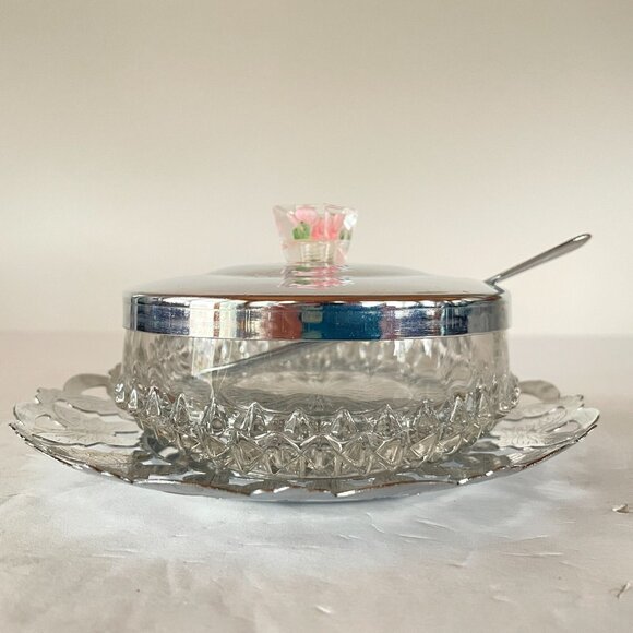 Vintage Glass Butter Dish Jam Jar Sugar Bowl w Lid Tray & Spreader Chrome Plated - Picture 10 of 11